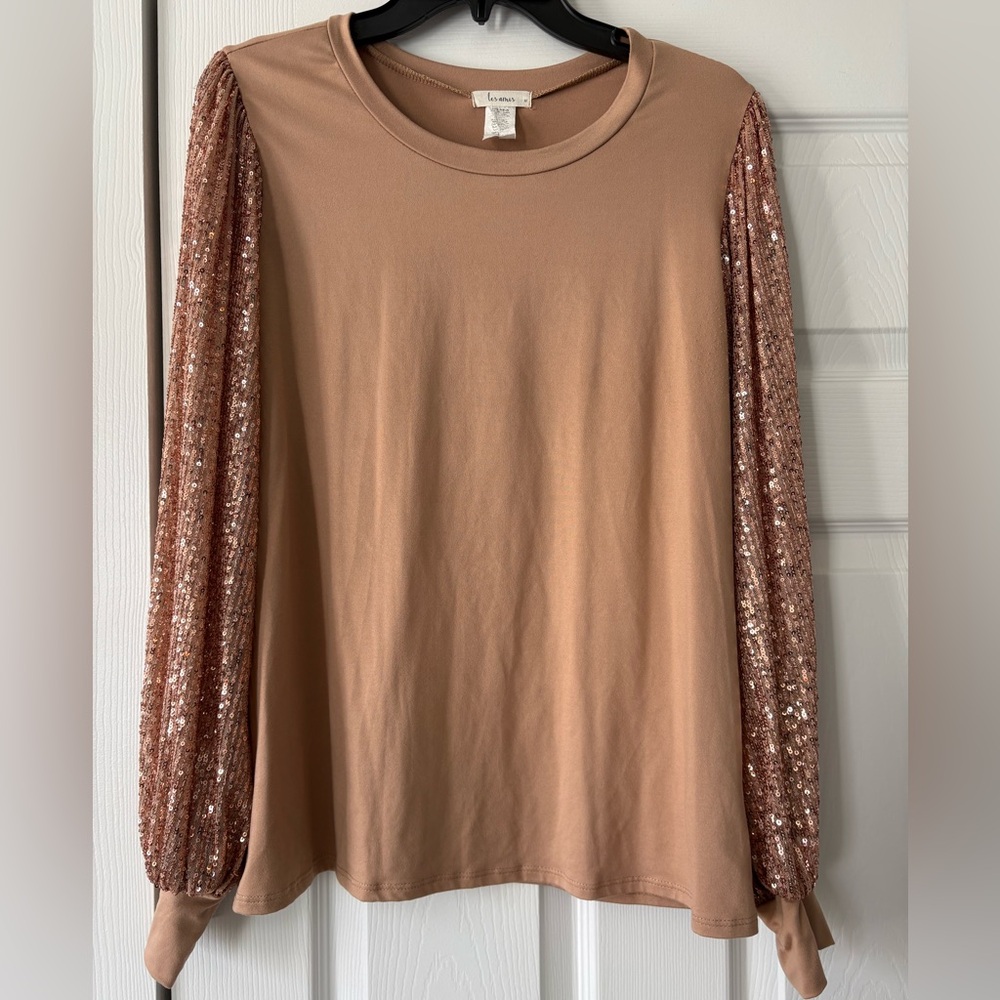 Tan Top with Sequin Long Sleeves